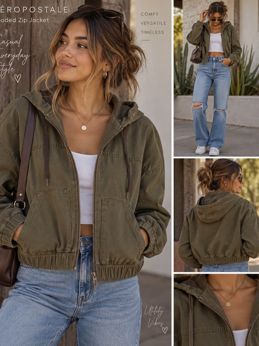 Aeropostale Olive Hooded Utility Zip Jacket